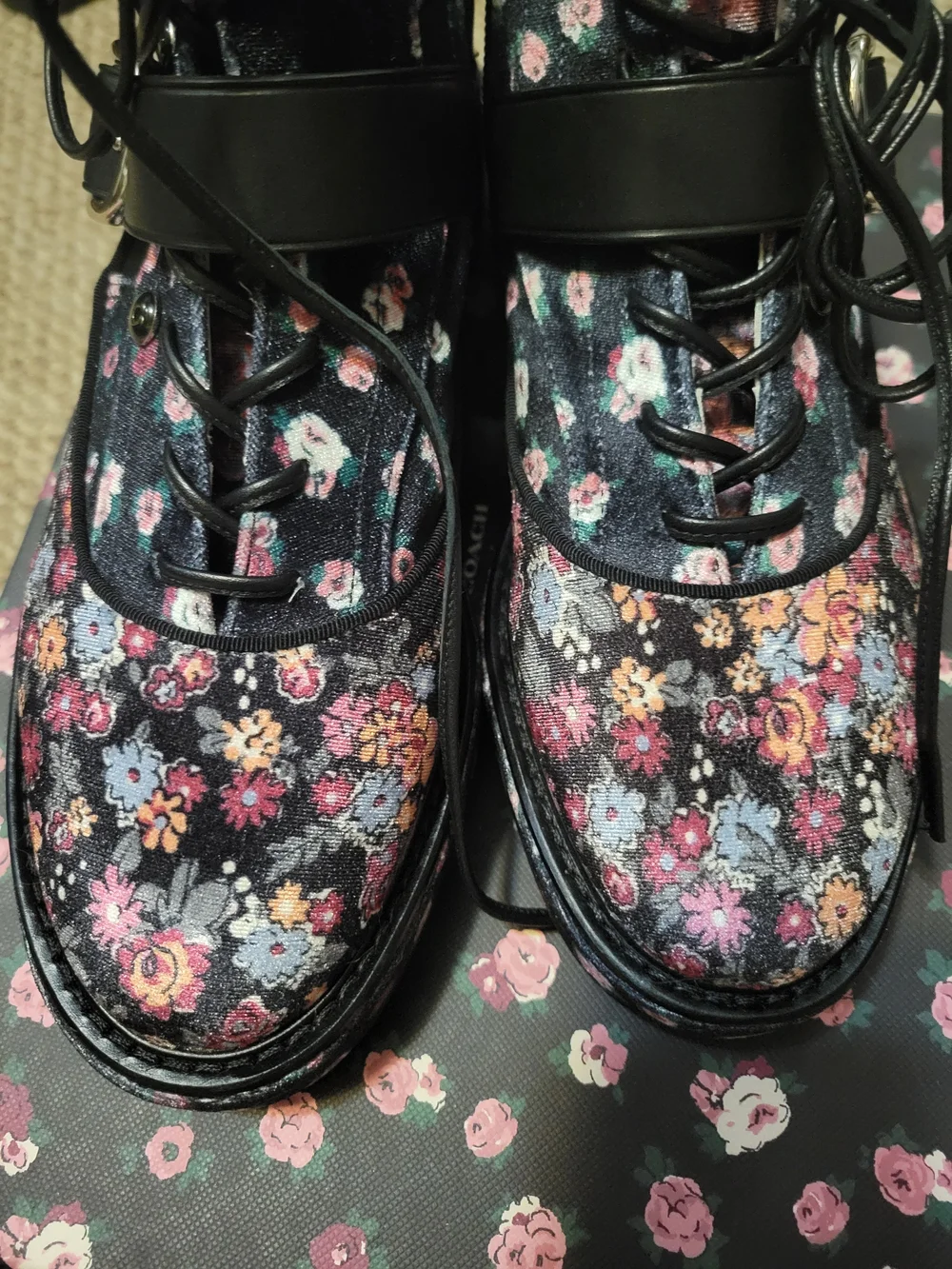 Coach Floral Lace-Up Ankle Boots in Black with Pink & Multicolor Floral Print